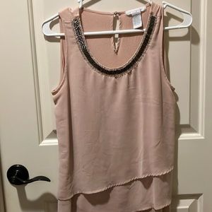 NWOT Design History Soft Pink Sleeveless Chiffon Front Jersey  Back Med. Jeweled